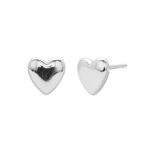 Detailed side and front view of polished S925 sterling silver heart stud earrings