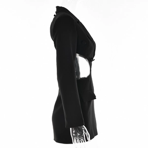 Detail view of black long-sleeve blazer dress with side waist cutout design and notch lapel