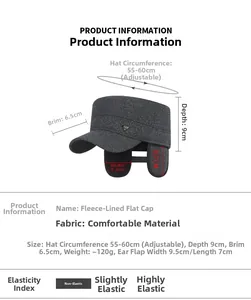 Detail view of winter grey wool cap with fleece lining and ear flaps with size chart
