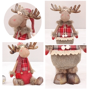 Detailed views of a Christmas elk plush with red plaid clothes and telescopic legs