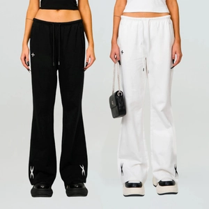 Women Flare Sweatpants Cotton Embroidered Cross Drawstring Waist Casual Lounge Long Pants