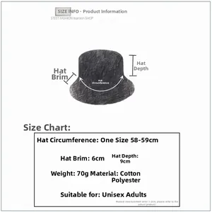 Detailed size chart for unisex cotton-polyester bucket hat with dimensions and weight info