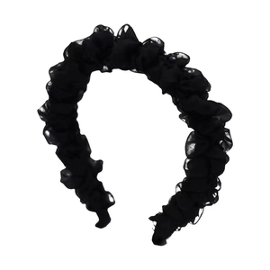 Elegant black pleated tulle headband with scrunchie texture for high cranial top look