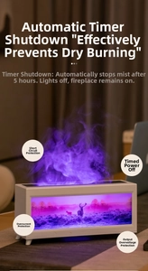 Detail of humidifier showing purple flame mist with deer and forest silhouette decor