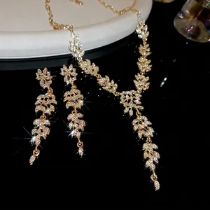 Parure collier et boucles d'oreilles épi de blé avec zircons marquise dorés