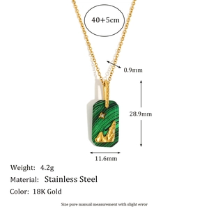 Stainless steel 18K gold plated necklace with green malachite pattern pendant and size specs