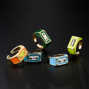 Retro Cassette Tape Recorder Ring Copper Enamel Drip Oil Adjustable Open Design Punk Style Jewelry For Women