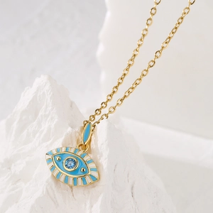 Bohemian 18K gold plated Evil Eye pendant necklace with blue enamel and crystal