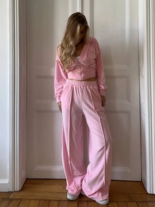 Ensemble de jogging en velours rose avec sweat à capuche court zippé et pantalon large