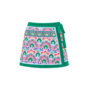 Detail of bohemian floral print wrap skirt with adjustable side tie for beach vacation
