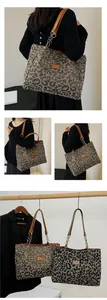 Detailed comparison of brown and grey leopard print tote bags with metal chain straps