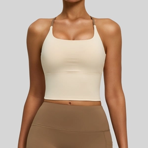 Set aus beigem Sport-BH mit Kreuzrücken und brauner High-Waist-Yoga-Leggings für Damen