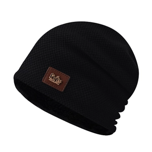 Men Winter Knitted Beanie Hat And Scarf Warm Fleece Lined Pullover Cap With Leather Patch For Outdoor Sports