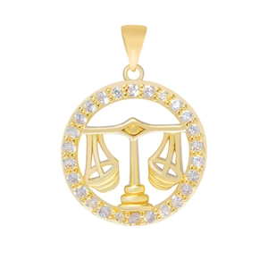 Detailed macro view of a gold-plated Libra zodiac pendant with sparkling zircon accents