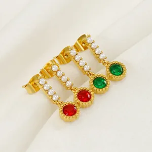 Retro Drop Earrings 18K Gold Plated Stainless Steel With Faux Artificial Pearl And Round Zircon Elegant Jewelry For Women