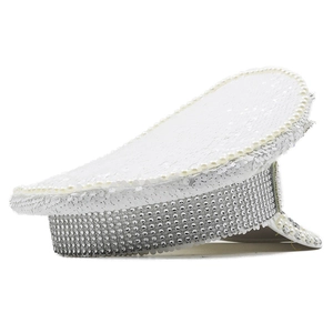 Close-up of white sequins, pearls, and silver rhinestones on a bridal party captain hat