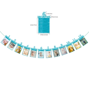 Blue glitter first birthday photo banner showing 1 to 12 months with size specifications