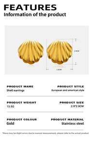 Detailed view of gold shell earrings in stainless steel with 2.9cm dimensions