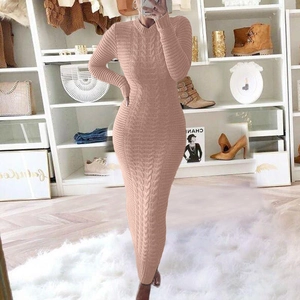 Detail of cable knit pattern and slim fit design on mauve long sleeve maxi dress