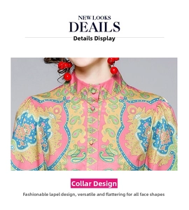 Dettaglio vestito rosa con stampa paisley con colletto alla coreana e bottoni rivestiti