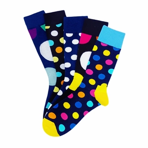 Five pack of trendy men's crew socks with vibrant polka dots and colorful blocks