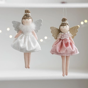 Cute ballet girl angel plush dolls in white and pink velvet with sequin wings for Christmas tree