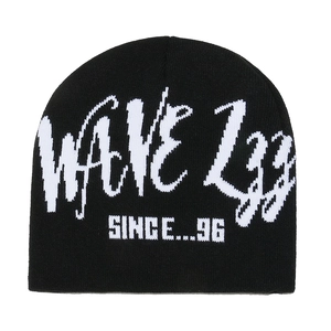 Winter black knit beanie with white jacquard letter wave patterns and retro fonts
