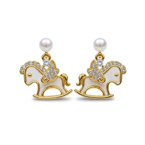 14k gold plated rocking horse earrings with pearls and zircon stones on white background