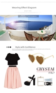 Detail of polarized heart sunglasses showing beach vision contrast and fashion outfit pairing