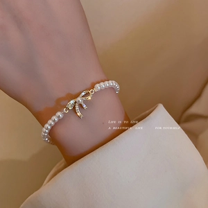 Bracelet En Künstliche Perles Avec Pendentif Nœud En Alliage Zircon Doré Bijoux Ajustables Pour Femmes Style Baroque