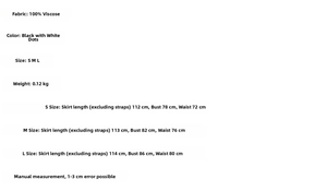 Size chart for black polka dot rayon dress with measurements in S, M, and L sizes
