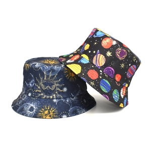 Bucket Hat Polyester Celestial Sun Moon Space Planet Print Sun Protection Outdoor Beach Fisherman Hat Unisex