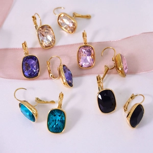 Chic 14K gold-plated leverback earrings with multi-colored square faceted gemstones