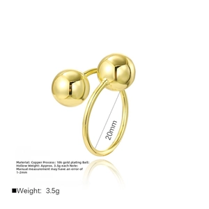 Detailed view of 18k gold plated hollow ball ring with dimensions and material specs