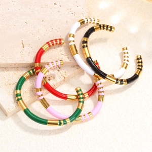 Vintage Stainless Steel Cuff Bracelet Colorful Enamel Striped Bamboo Design Elegant Fashion Jewelry Accessory For Women