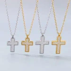 Cross Pendant Necklace Stainless Steel Cubic Zirconia Iced Out Religious Hip Hop Jewelry For Men Women Trendy Polished