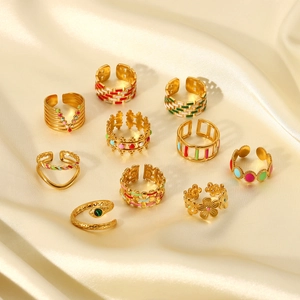 18K gold plated stainless steel rings with colorful enamel drip and geometric designs