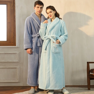 Accappatoi di coppia in pile corallo spesso stile lungo con collo a scialle e cintura inverno