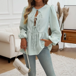 Women Striped Blouse Lantern Sleeve Tie Up Front Peplum Hem Casual V Neck Polyester Shirt Top Sweet Style