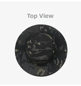 Top view of camouflage tactical boonie hat featuring wide brim and breathable eyelets