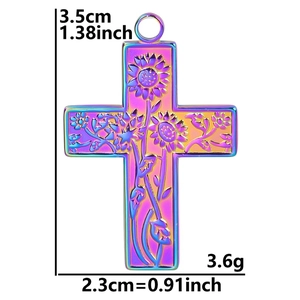 Detail of 18k gold plated stainless steel sunflower cross pendant showing dimensions