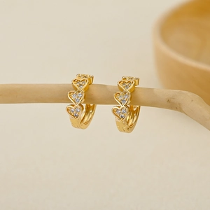 Fashionable gold-plated heart hoop earrings with sparkling white zircon stones for women