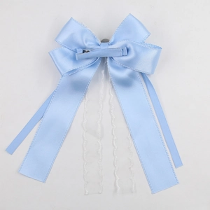 Blue ribbon bow hair clip with lace details and large pearl for girls and toddlers