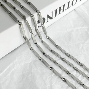 Polished silver titanium steel chain necklace with unique bamboo-style rectangular links