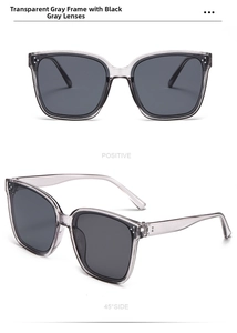 Detail view of transparent gray square frame sunglasses with dark gray lenses