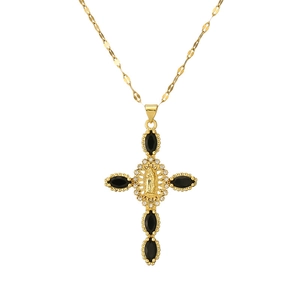 Collier croix dorée religieuse avec pierres marquises noires et Notre-Dame de Guadalupe