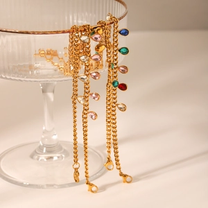Classic gold Cuban chain bracelet with colorful zircon teardrop pendants on glass