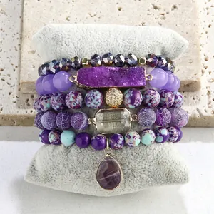 Bohemian 5PCS purple natural stone and crystal cluster stackable bracelet set on display