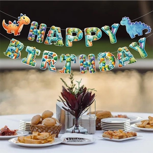 Dinosaur themed Happy Birthday banner for kids party decoration with colorful cartoon design