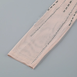 Detail of high neck mesh dress featuring silver rhinestones and crystal embellishments